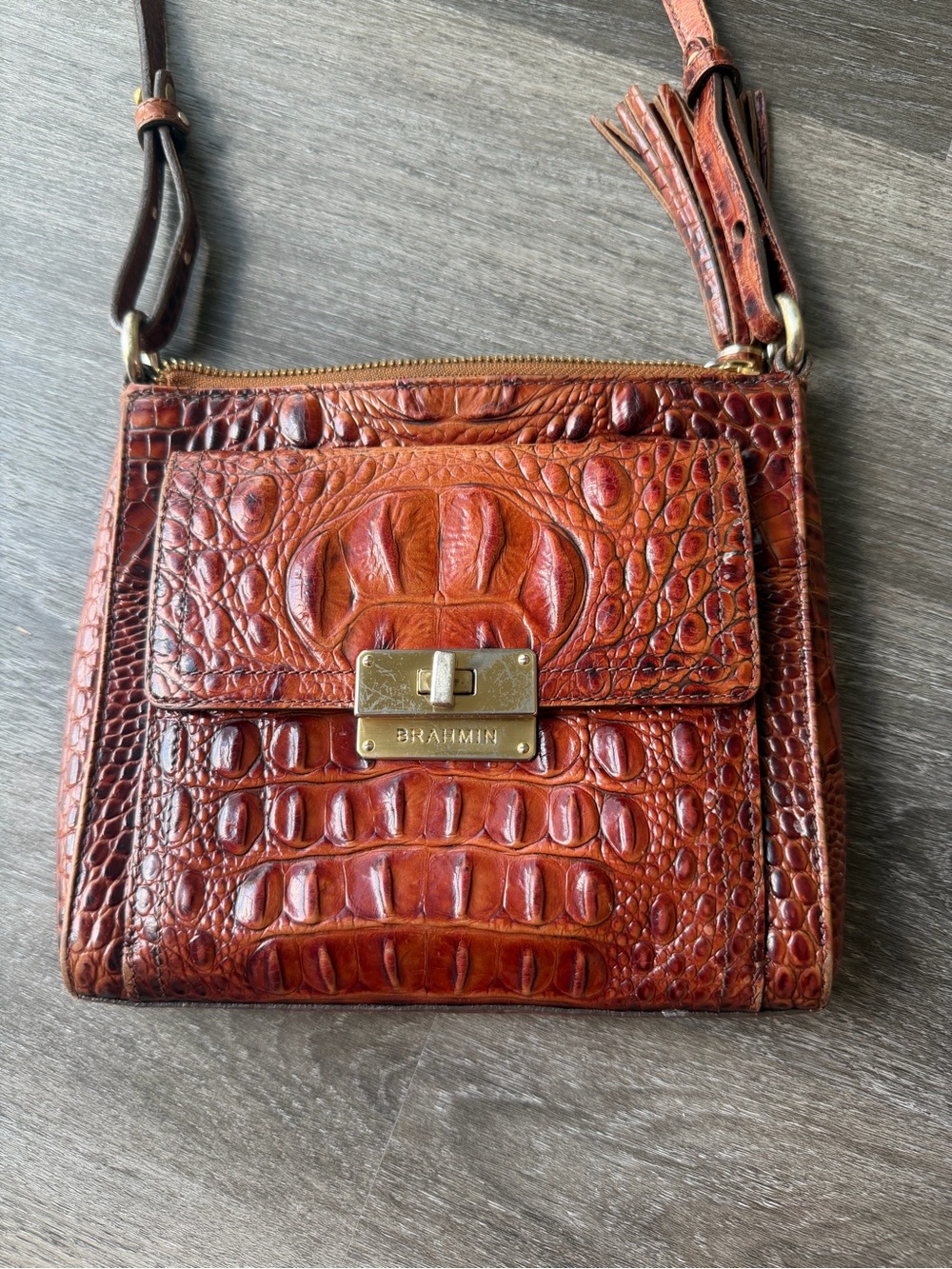 Brahmin Melbourne Manhattan Pecan Croc-Embossed Leather Crossbody with Tassel